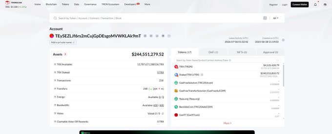 The image shows a Tokenview blockchain explorer account page for address "TEySEZLf6rs2mCujGpDEsgoMVWKLAk9mT" with a total balance of $244,551,279.52, displaying 3 TRX assets and various token holdings (TRX, Wrapped TRX, GasFree TRC20, etc.) along with transaction history. The post's theme about institutional adoption connects to the image by showing a large-value account holding significant assets on TRON ($244M), illustrating the kind of institutional-scale holdings that would prompt questions about ecosystem integration.