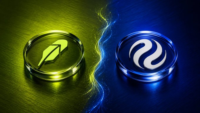 The image displays a glowing Robinhood logo on the left in yellow/green against a yellow background, juxtaposed with the Injective ($INJ) logo on the right in blue against a blue background, visually representing Robinhood's expansion to list INJ for trading.