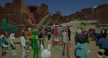 A screenshot from a Roblox game featuring various cartoon-style avatars gathered together in a desert-like environment with rocky formations and sparse vegetation in the background.