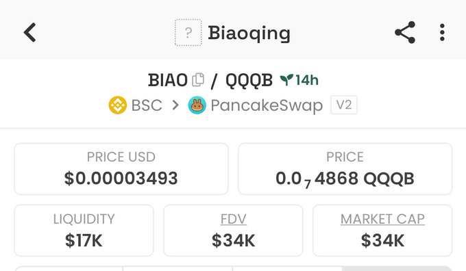 A crypto tracker screen shows the token "Biaoqing" (BIAO/QQQB) on BSC via PancakeSwap V2, priced at $0.00003493 with $17K liquidity and a $34K market cap.