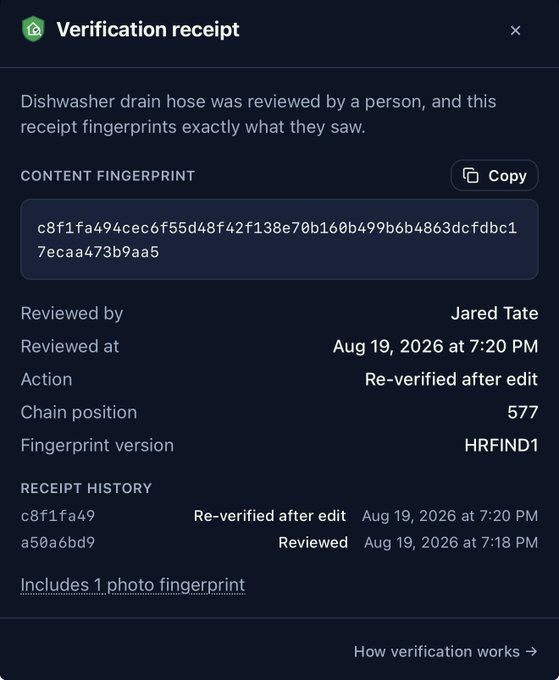 A verification receipt showing a content fingerprint for a dishwasher drain hose, reviewed by Jared Tate on Aug 19, 2026 at 7:20 PM, with fingerprint version HRFIND1.