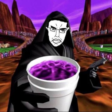 The image features a man dressed as a character from a video game, wearing a robe or hoodie with a gun in his hand. He has a cup of purple liquid in front of him, which appears to be a drink. The caption below the image reads "No unlocks. Fully invested. Fully diluted. Top of funnel distribution. In every wallet. Trust. Metamask. Phantom. Binance. Lindy asset support. Tron and bnb soon. Take a sip anon. $flip".