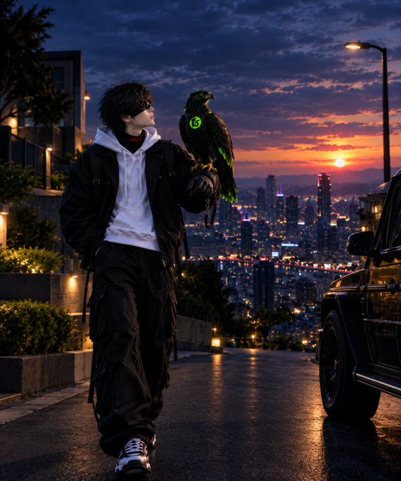 An anime-style image of a person in black clothing and a white hoodie holding a black bird with a glowing green symbol, set against a sunset cityscape with a black car parked nearby.