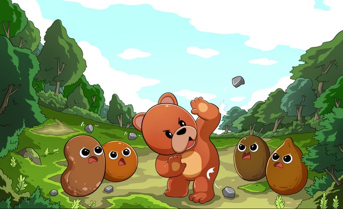 Cartoon scene depicting an angry orange bear throwing a rock at small brown blob-like creatures with shocked expressions in a forest clearing.