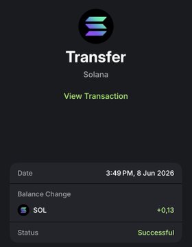 The image shows a close-up view of an app screen, where a transfer message from Solana (blockchain wallet) is displayed prominently. It seems that someone has successfully sent 0.13 dollars via this transfer application. The conversation or message in the post is likely discussing this transaction and sharing information about it.