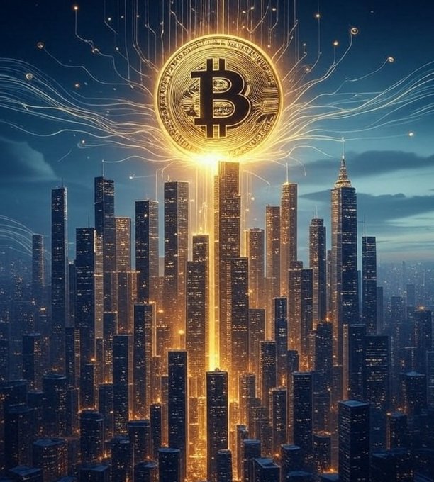 A glowing Bitcoin coin hovering over a futuristic city skyline with light trails extending from the coin.