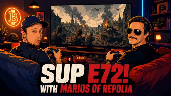The image features two men sitting on a couch with their eyes focused on a television screen displaying a video game, likely a war game or action-adventure game like "SUP E72!". The TV is placed against a dark background, which emphasizes the gaming experience. The image also includes text that reads "The SUP E72 features new Web3 Content Creator @MoxLeonhard !" and "We'll be talking about the game, and giving away in-game assets to 3 lucky viewers! Tomorrow (Thur) X and YT". This suggests that the men are discussing or sharing their gaming experiences with others.
