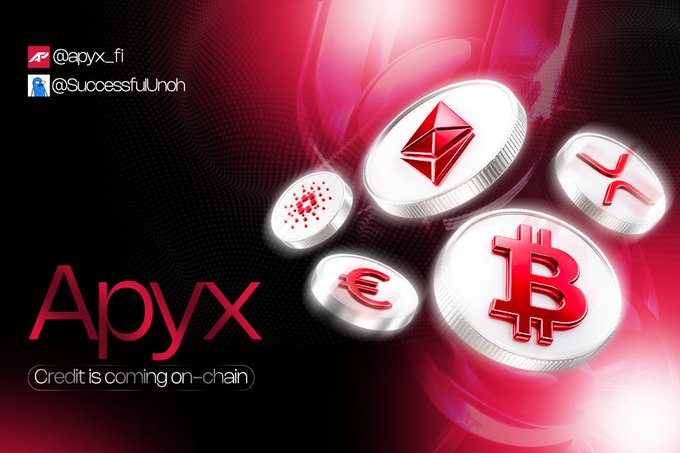 A promotional banner for "Apyx" featuring the tagline "Credit is coming on-chain" alongside floating 3D renderings of cryptocurrency coins including Bitcoin (₿), Ethereum (Ξ), Cardano (ADA), and XRP logos, with social media handles "@apyx_fi" and "@Successfuluhoh" displayed in the top left. The image visually reinforces the post's message about digital credit by showcasing various crypto assets against a sleek red and black background, emphasizing Apyx's positioning at the intersection of traditional credit and blockchain technology.