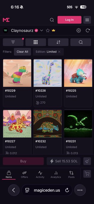 A mobile screenshot of Magic Eden marketplace shows the 'Claynosaurz' NFT collection with various dinosaur NFTs listed as unlisted, including #10229, #10226, and #10225.