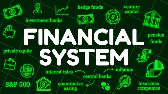 A neon-style graphic displays "FINANCIAL SYSTEM" in bold white text against a dark green background, surrounded by related icons and terms including "investment banks," "hedge funds," "venture capital," "pension funds," "private equity," "S&P 500," "interest rates," "central banks," "inflation," "quantitative easing," and "insurance companies." The image visually reinforces the post's claim about the crumbling traditional financial system and an imminent transition, with the surrounding crypto tokens (XRP, XLM, XDC, ONDO, QNT, DOGE, ZBCN, FLR, HBAR, XDNA, IOTA, XCN) positioned as alternatives to the legacy institutions depicted in the graphic.