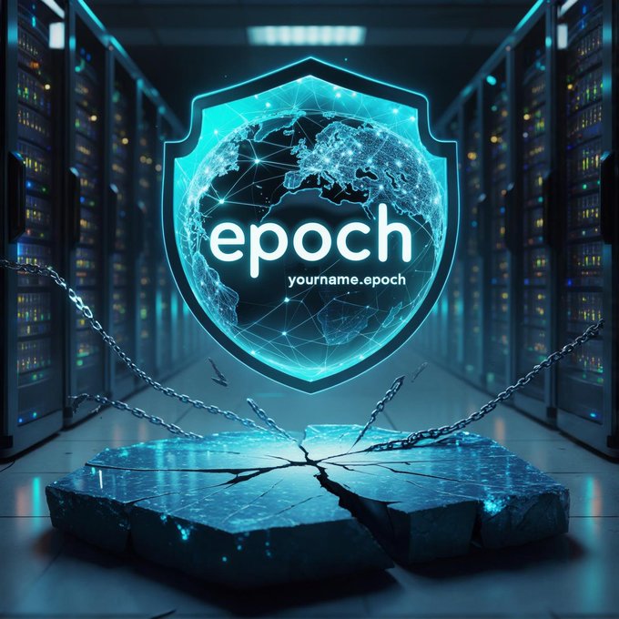 A digital graphic showing a glowing blue shield with a globe and the text 'epoch' and 'yourname.epoch' above a cracked stone platform, set in a server room environment with broken chains.