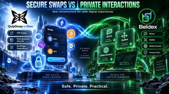 A promotional graphic titled 'SECURE SWAPS VS PRIVATE INTERACTIONS' comparing QuipSwap on Base with Beldex, highlighting features like P2P Swaps, BChat, and BelNet with the tagline 'Safe. Private. Practical.'