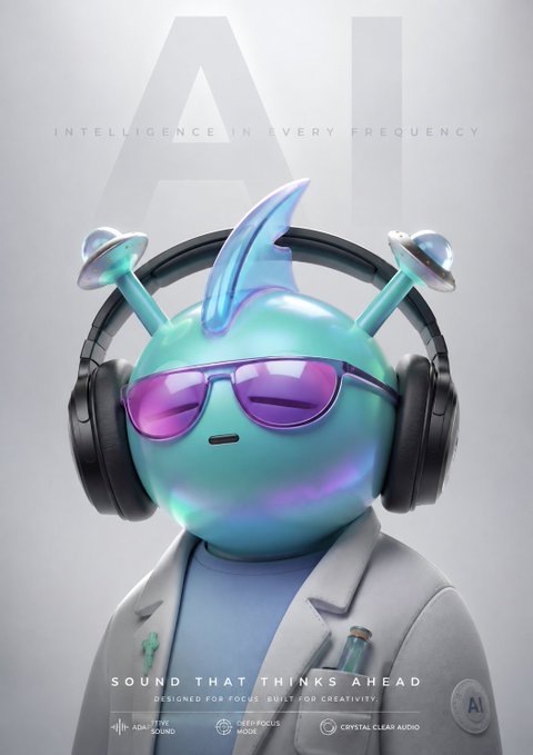A promotional poster features a blue cartoon character with purple sunglasses and headphones wearing a white lab coat, with the text 'AI INTELLIGENCE IN EVERY FREQUENCY' and 'SOUND THAT THINKS AHEAD'.