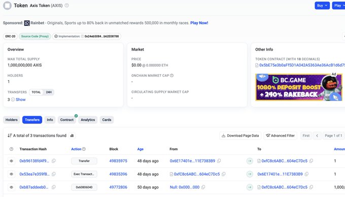An Etherscan page for Token Axis Token (AXIS) showing a max supply of 1,000,000,000, 1 holder, and 3 total transactions on Ethereum Mainnet.