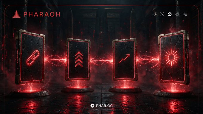 A dark futuristic gaming/crypto banner titled 'PHARAOH' with the URL phar.og shows four glowing red stone tablets displaying symbols: a link, upward arrows, a rising graph, and a sun.