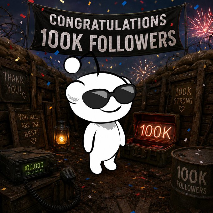 A celebratory digital illustration featuring a small white character with sunglasses standing in a trench-like bunker, surrounded by signs reading "CONGRATULATIONS 100K FOLLOWERS," "THANK YOU!", "100K STRONG," and a glowing "100K" sign, with confetti and fireworks in the background.