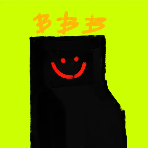 A digital illustration of a black ATM machine with a red smiling face on a bright yellow-green background, with orange Japanese katakana text 'カタカタ' above it.