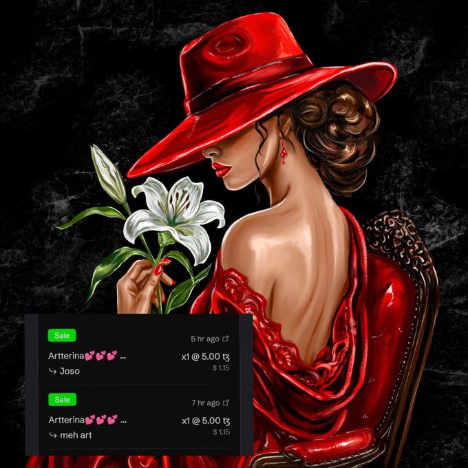 A digital painting of a woman in a red dress and wide-brimmed red hat holding white lilies, with an overlaid chat screenshot showing 'Sale' notifications from 'Artterina' selling items for '5.00 ¢'.