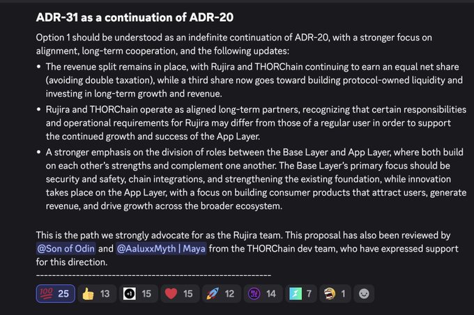 A Discord message titled 'ADR-31 as a continuation of ADR-20' discussing a proposal to strengthen cooperation between Rujira and THORChain, reviewed by @Son of Odin and @AaluxxMyth | Maya.