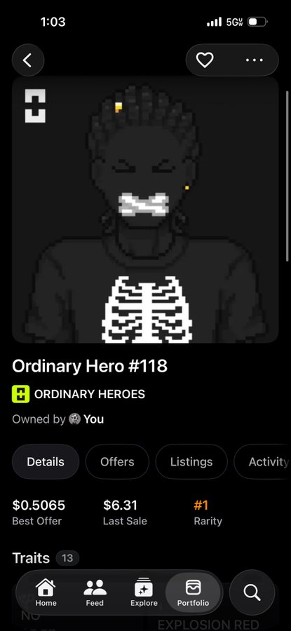 A mobile screenshot of an NFT listing on a marketplace, showing a pixelated dark figure titled "Ordinary Hero #118" with a best offer of $0.5065, last sale of $6.31, and marked as rarity #1.