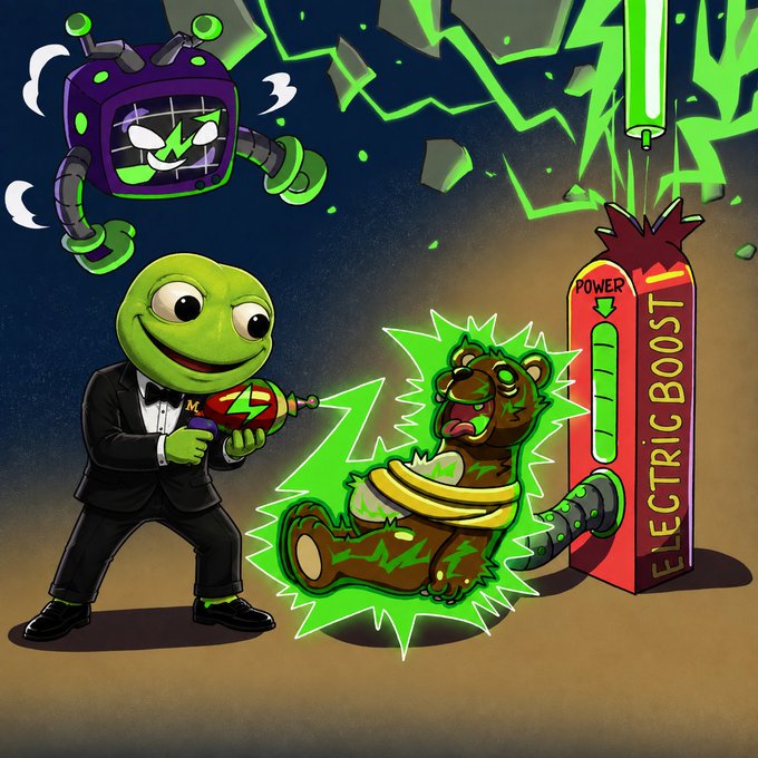 A cartoon scene featuring a Pepe the Frog character in a suit firing a ray gun at a tied-up teddy bear near an 'ELECTRICBOOST' power device, with a floating TV-headed robot overhead.