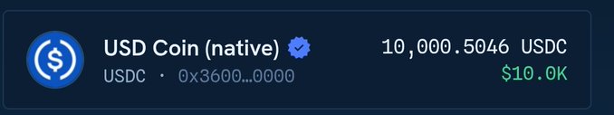 The image shows a balance of 10,000.5046 USDC, or $10.0K, which the post suggests is being "aped on something" related to "@arc".