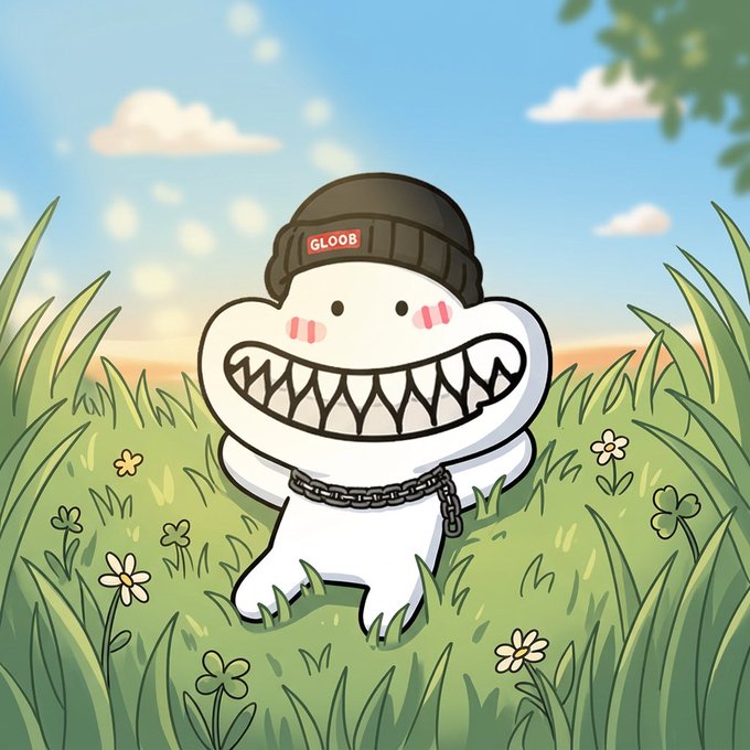 A cartoon illustration of a white, ghost-like character with a large toothy grin, wearing a black beanie with 'GLOOB' in red text, standing in a grassy field.