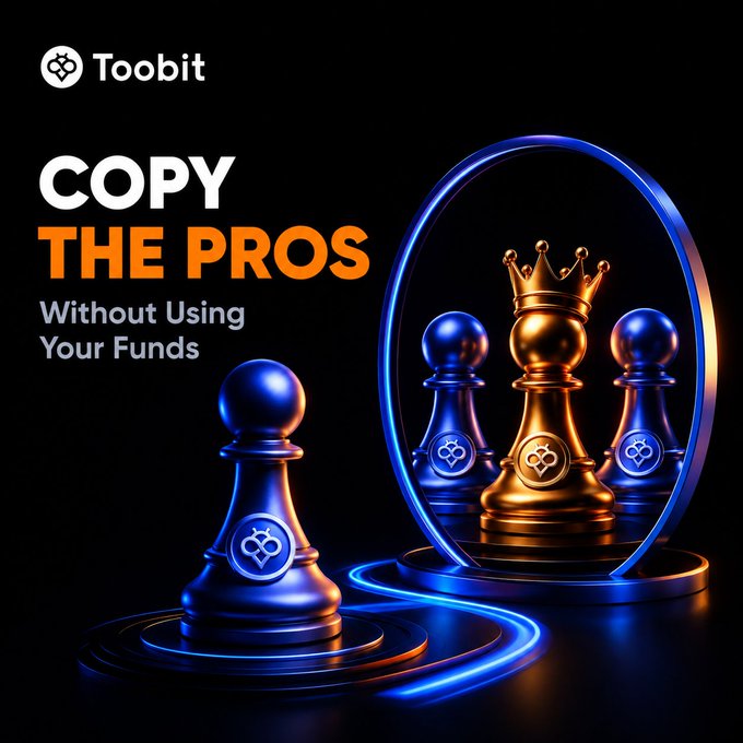 A Toobit promotional graphic features the bold text "COPY THE PROS Without Using Your Funds" alongside a striking 3D illustration of a golden king chess piece (wearing a crown) and blue pawns, with the king's reflection shown in a circular mirror—visually symbolizing the concept of copying successful traders' strategies. The accompanying post explains that users can use Copy Trading Trial Funds to follow experienced traders risk-free and keep eligible profits.