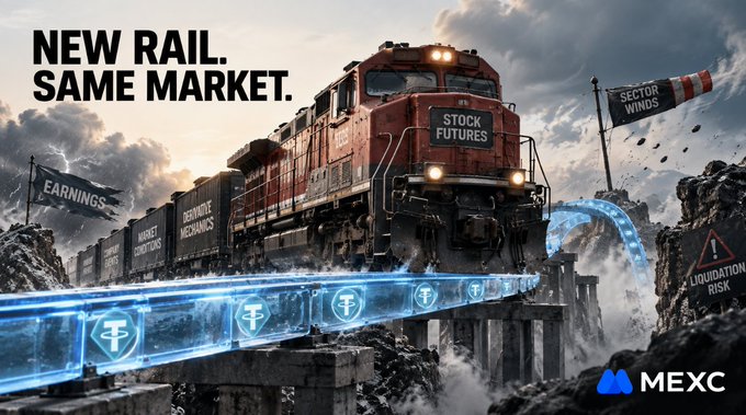 A MEXC cryptocurrency exchange advertisement featuring a train carrying labeled freight cars (Earnings, Market Structures, Derivatives Mechanics) on a glowing bridge, with the tagline 'NEW RAIL. SAME MARKET.' and banners reading 'SECTOR WINDS' and 'LIQUIDATION RISK'.