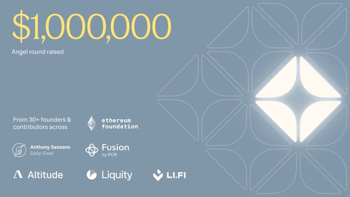 An infographic announcing '$1,000,000 Angel round raised' from 30+ founders and contributors across organizations including Ethereum Foundation, Anthony Sassano (Daily Gwei), Fusion by IPCR, Altitude, Liquity, and LI.FI, featuring a geometric diamond logo.