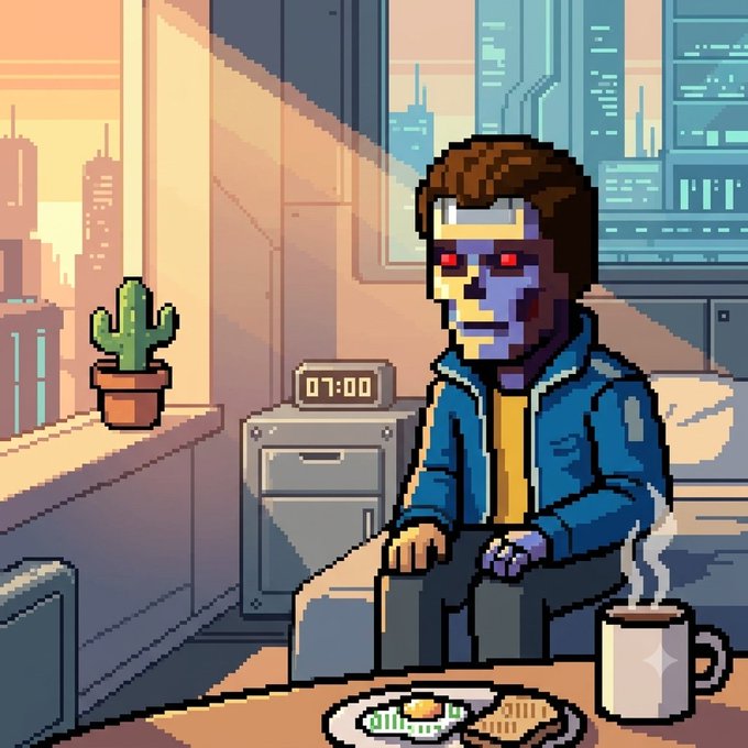 Pixel art illustration of a cyborg or robotic character with red eyes sitting at a breakfast table with coffee and eggs, with a digital clock showing 07:00 and a futuristic cityscape visible through the window.