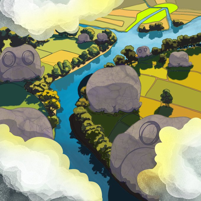 An anime/illustrated aerial view of a landscape with green and yellow fields, a blue river, trees, and large gray rock formations with mysterious face-like carvings.