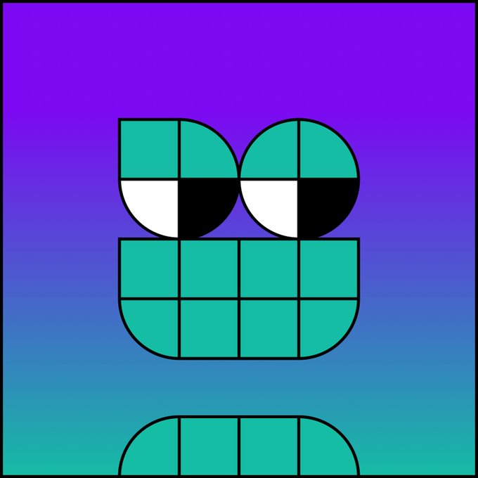 A geometric abstract artwork with a purple-to-teal gradient background, featuring teal and black checkered/segmented shapes that form an abstract face-like composition.