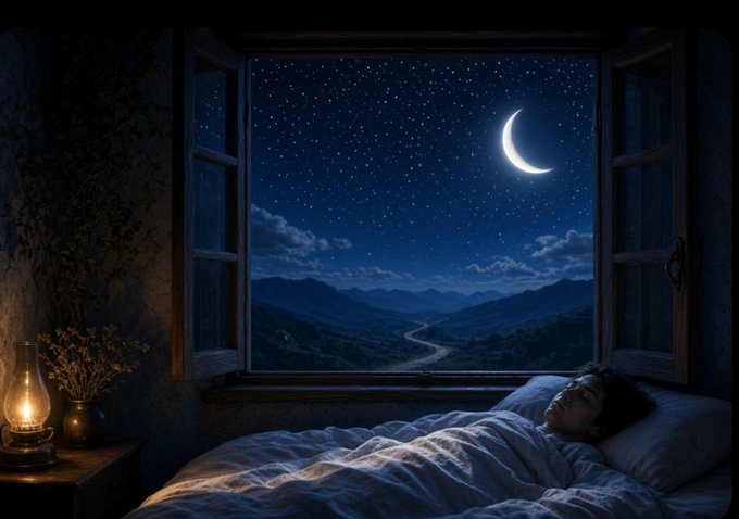 A serene nighttime scene shows a person sleeping in bed while an open window reveals a starry sky with a crescent moon over distant mountains, illuminated by a warm oil lamp on a bedside table.