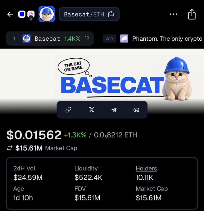 A DexScreener page showing the $BASECAT/ETH trading pair at a price of $0.01562, with a 1.3K% (1,300%) daily gain, $15.61M market cap, $24.59M 24H volume, and 10.11K holders. The token, represented by a cartoon cat wearing a blue hard hat with the tagline "THE CAT ON BASE," aligns with the post noting Basecat's surge following listings on Gate and Coinbase Wallet.