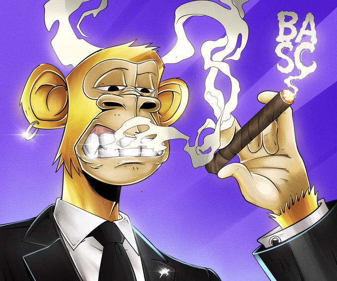 A cartoon monkey in a suit smokes a cigar that emits the word "BASC" in smoke clouds against a purple background, embodying the luxurious "Gold Is Gold" aesthetic associated with the $BASC crypto token.