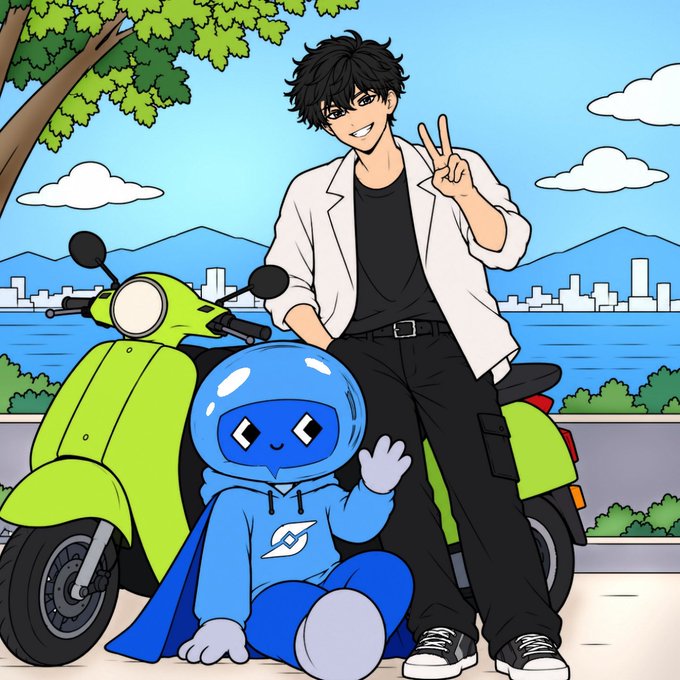 An anime-style illustration shows a smiling dark-haired man in a white jacket flashing a peace sign next to a blue mascot in a helmet, with a green scooter and a city skyline in the background.