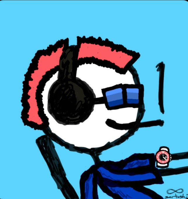 A cartoon drawing features a simple white character with a red mohawk and 3D glasses wearing large black headphones against a bright blue background.