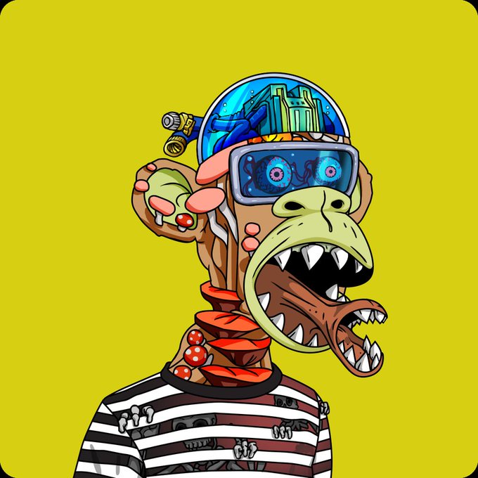 A cartoon illustration of a grotesque, monkey-like creature wearing a striped prison shirt, a striped cap, and large blue goggles, with mushrooms growing from its head and a small skull figure on its ear.