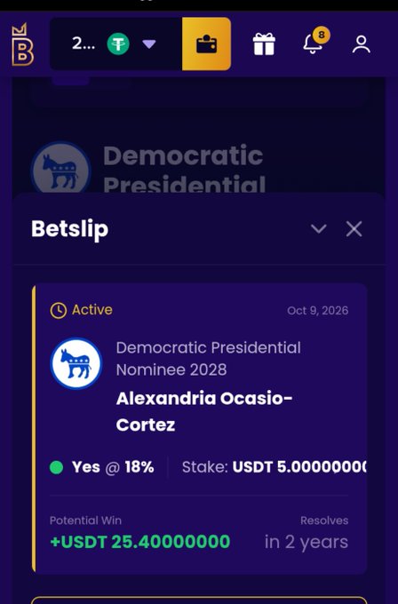 A sports betting app interface showing an active bet on "Democratic Presidential Nominee 2028" for Alexandria Ocasio-Cortez at 18%, with a stake of USDT 5.00000000 and potential win of +USDT 25.40000000.
