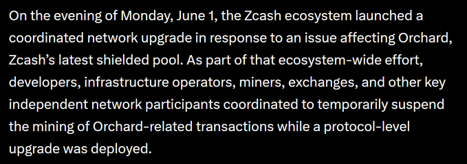 The image shows a text box with information about an event or conference related to cryptocurrency called "Zcash" that took place on Monday, June 1st, 2018. The text explains that the ecosystem was launched by a coordinated network upgrade response to an issue affecting Orchard, and it mentions that Zcash's latest shielded pool is part of that ecosystem-wide effort.