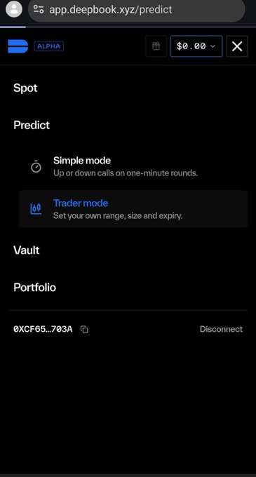 Screenshot of the DeepBook prediction app interface at app.deepbook.xyz/predict, showing Simple mode and Trader mode options with a connected wallet showing $0.00 balance.