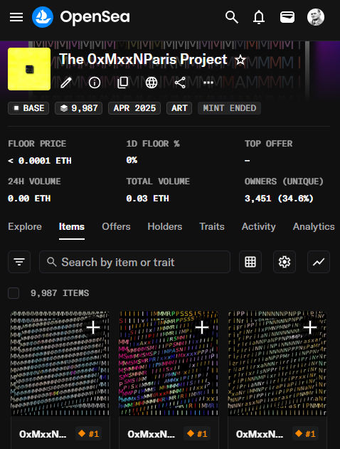 Screenshot of the OpenSea NFT marketplace showing 'The OxMxxNParis Project' collection with a floor price of <0.0001 ETH, 9,987 items, and 3,451 unique owners.