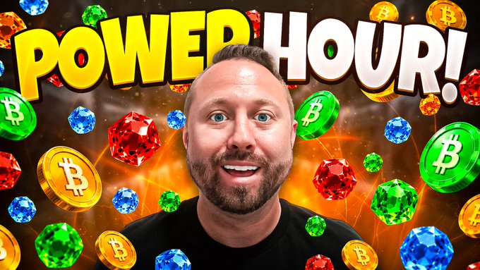 A smiling, bearded man is featured in front of a vibrant thumbnail reading "POWER HOUR!" surrounded by colorful gems and Bitcoin coins. The image's energetic crypto-themed title likely promotes an upcoming live stream or show hosted by the man, generating excitement from a viewer tagged as @HobbyistMiner.