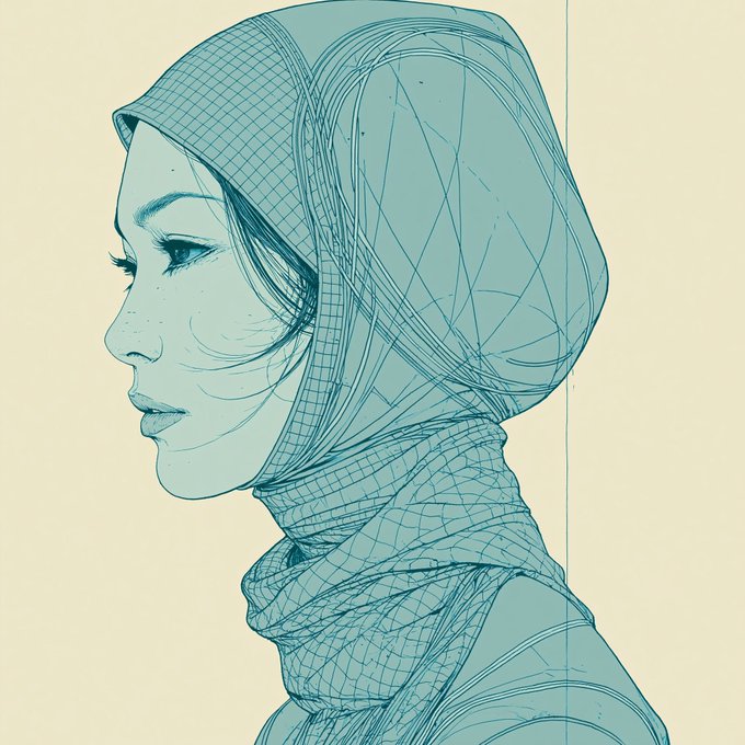 Digital wireframe/3D mesh illustration of a woman's profile wearing a hood, rendered in cyan/teal lines on a cream background.