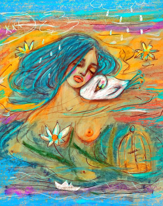 An ethereal painting of a blue-haired woman with her eyes closed, cradling a white swan against her cheek. She is surrounded by surreal elements including floating lilies, a birdcage, and a small paper boat in a colorful, watery landscape.