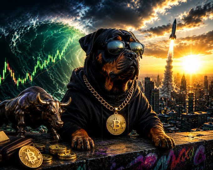 Digital artwork of a Rottweiler wearing sunglasses and a Bitcoin chain medallion, with a bronze bull statue, gold Bitcoin coins, a rocket launch, and a stock chart in the background.