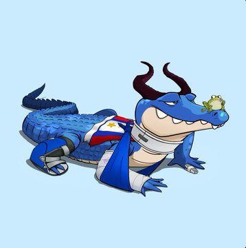 A cartoon illustration of a blue alligator or crocodile character wearing a red, white, and blue athletic outfit, with a small green bird perched on its snout.