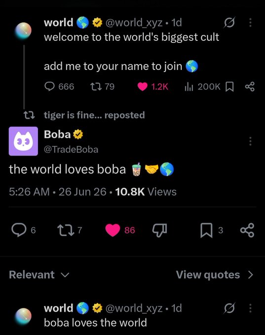 A screenshot of X posts showing @world_xyz inviting users to add them to their name to join "the world's biggest cult" (666 comments, 1.2K likes), followed by @TradeBoba replying "the world loves boba," and @world_xyz closing with "boba loves the world"—a playful back-and-forth between the Worldcoin-affiliated "world" account and the Boba project that the caption playfully suggests is a teasing prelude to a collaboration.