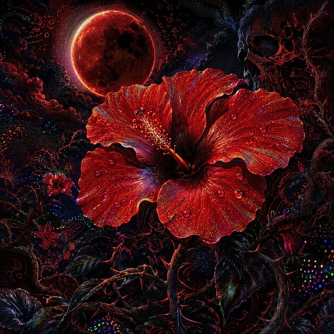 A vivid digital artwork featuring a large, vibrant red hibiscus flower with dewdrops, set against a dark cosmic background with a glowing red moon, intricate black thorny vines, and colorful particle details.